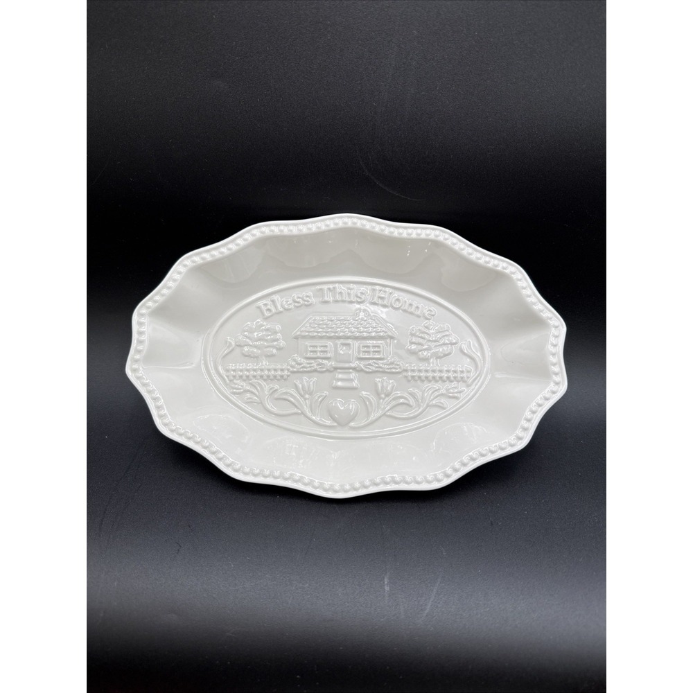 Godinger White Porcelain "Bless This Home" Porcelain Serving Bread Tray Vtg EUC